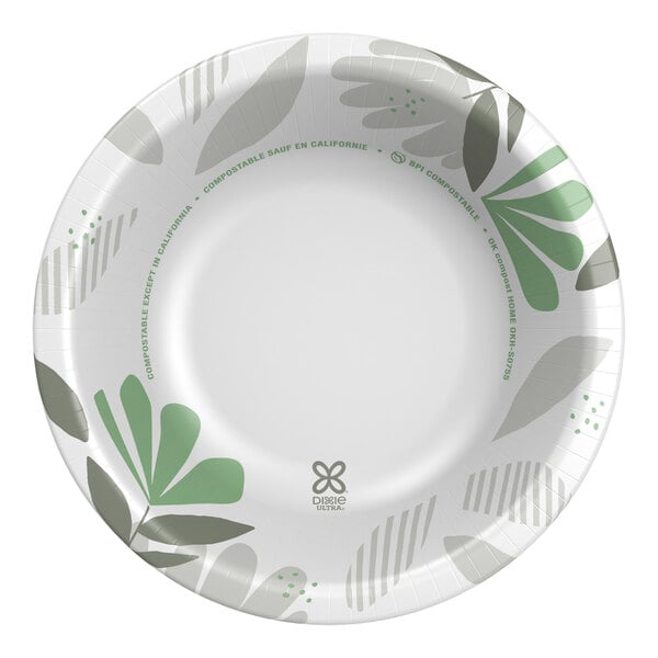 A Dixie Ultra paper bowl with a green leaf design.