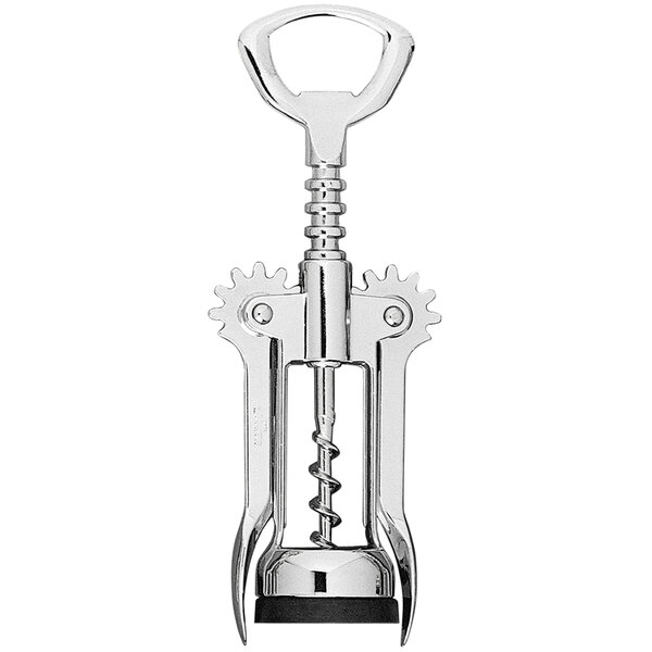 A Franmara chrome-plated corkscrew with a black rubber grip.