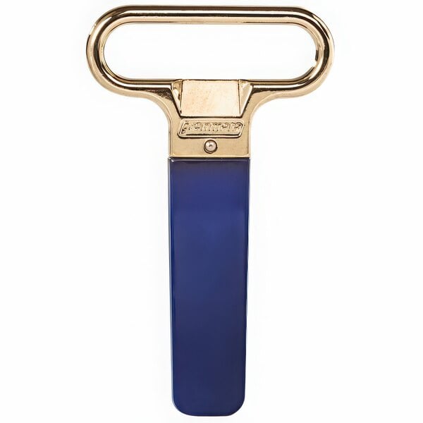 A Franmara brass-plated two-prong cork extractor with a dark blue handle.