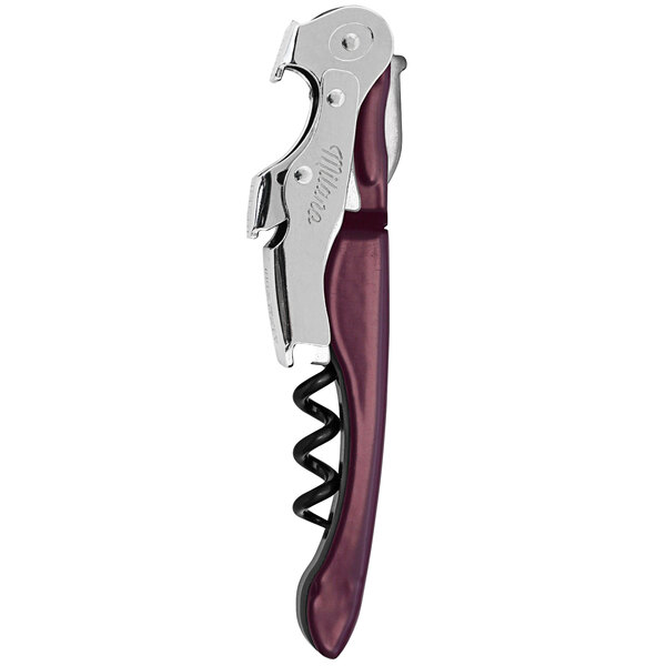 A Milano Double-Lever Waiter's Corkscrew with a burgundy handle and silver blade.