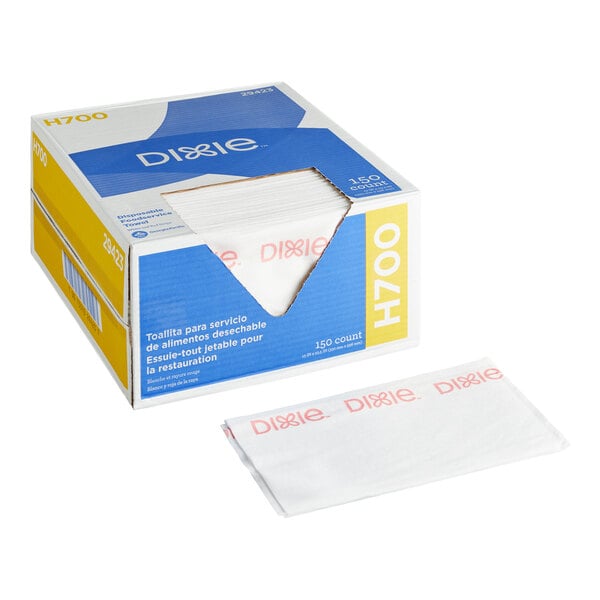 A box of white disposable foodservice towels with red text, with one towel displayed in front of the box.