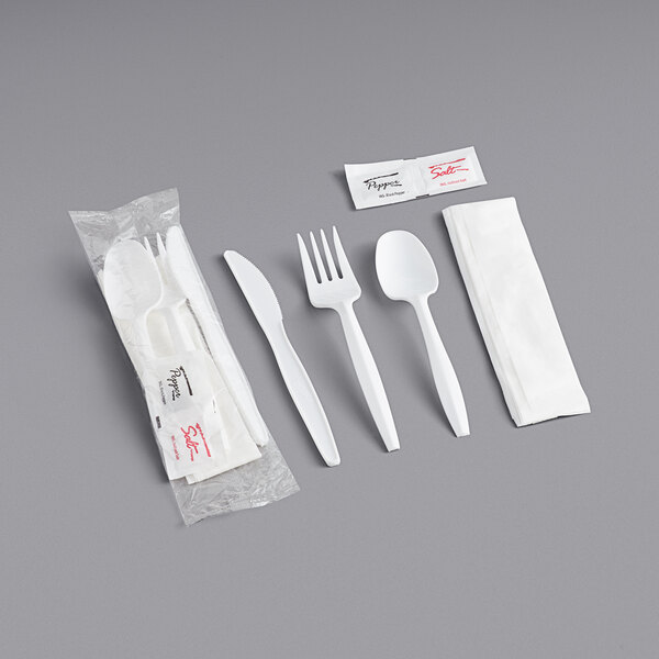 White Plastic Fork/Knife/Spoon/Napkin/Salt/Pepper Wrapped Cutlery Kit (250 per Carton) White Plastic Fork/Knife/Spoon/Napkin/Salt/Pepper Wrapped Cutlery Kit (250 per Carton)