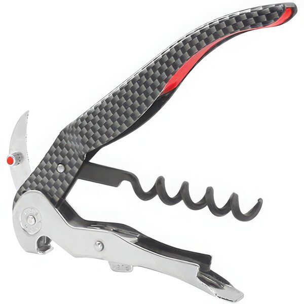 A black and silver MONZA Pullparrot waiter's corkscrew with red accents.