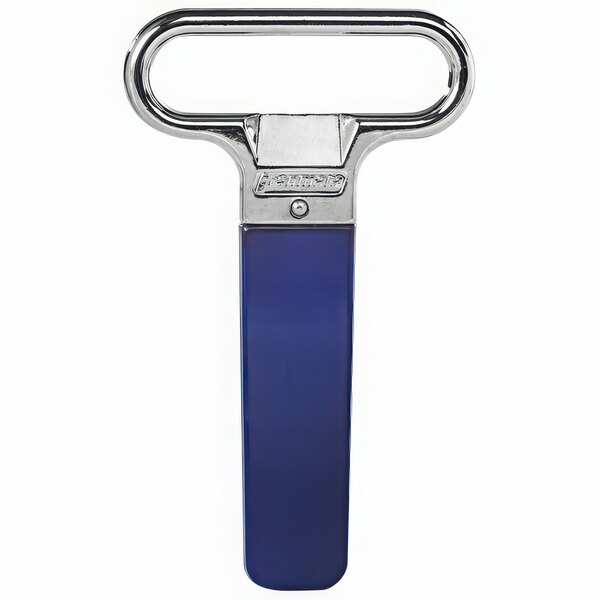 A Franmara chrome-plated two-prong cork extractor with a dark blue handle.