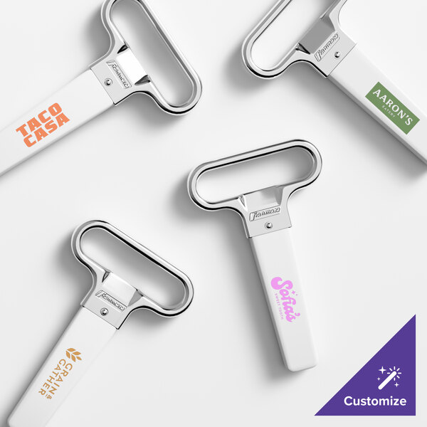 A set of white-handled, chrome-plated two-prong cork extractors with customizable branding on the handles.