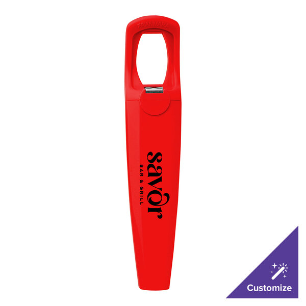 A red Franmara plastic corkscrew and bottle opener with black text reading "Traveler's Red" and "Customizable"