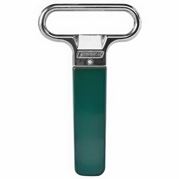 A Franmara chrome-plated cork extractor with a green and silver pronged handle in a dark green sheath.
