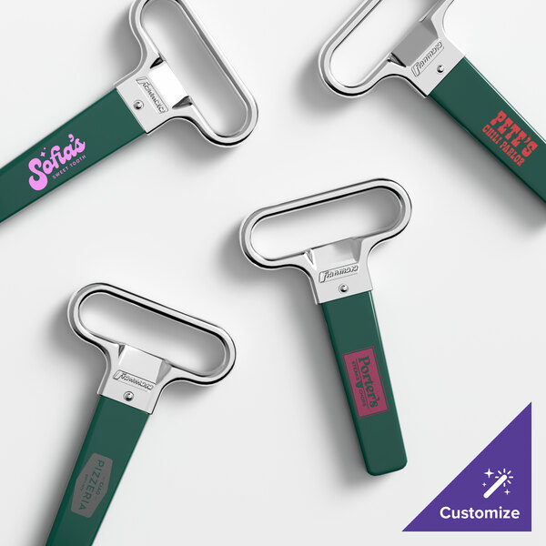 A set of chrome-plated two-prong cork extractors with dark green customizable handles and sheaths.