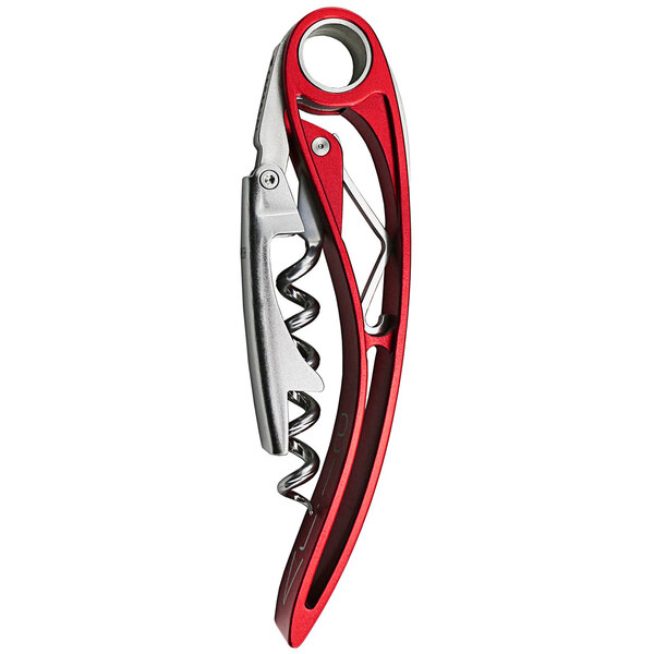 A Farfalli red and silver metal corkscrew.