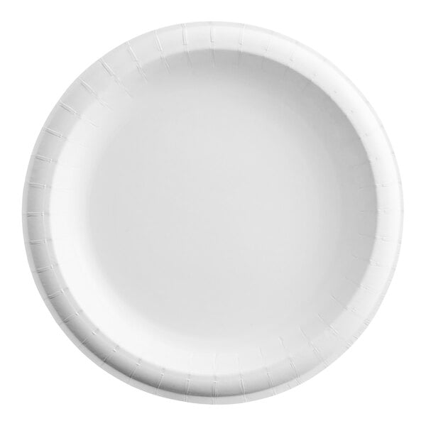 A close up of a Dixie white paper plate with a white rim.