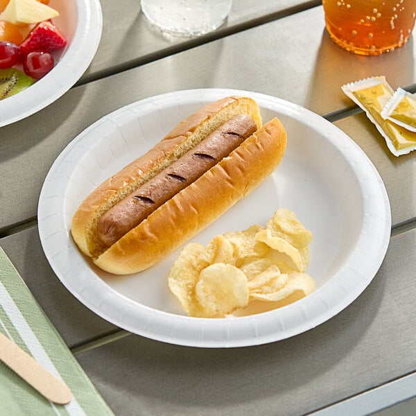 A hot dog and chips on a Dixie white paper plate.