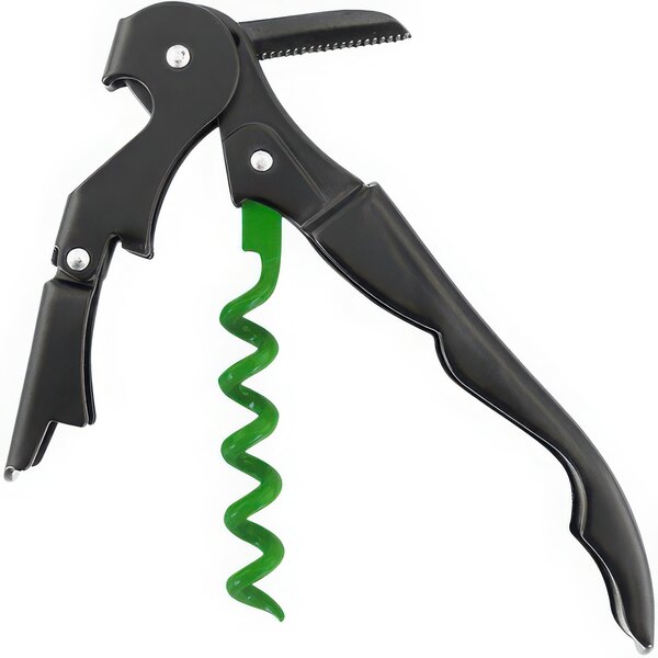 A Franmara Elixir emerald green and black spiral corkscrew with bottle opener.
