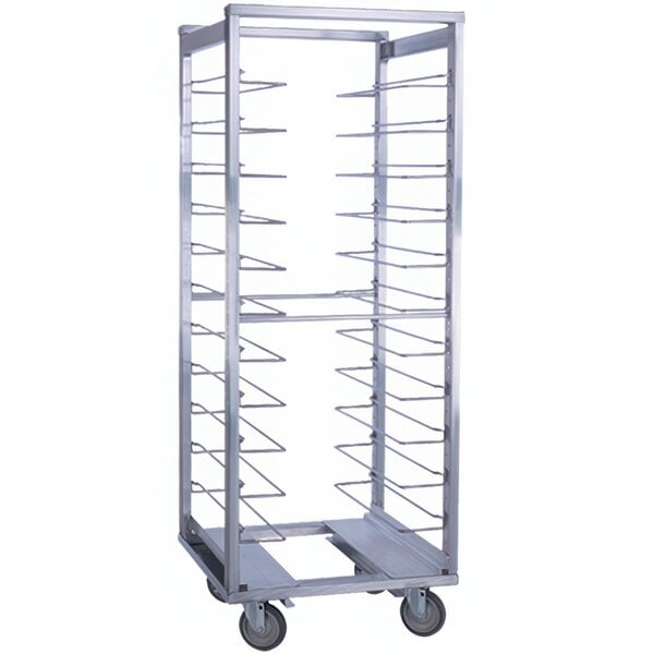 A Cres Cor metal roll in refrigerator pan rack with shelves on wheels.