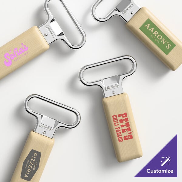 A set of customizable chrome-plated two-prong cork extractors with birch wood handles, each featuring different personalized logos.