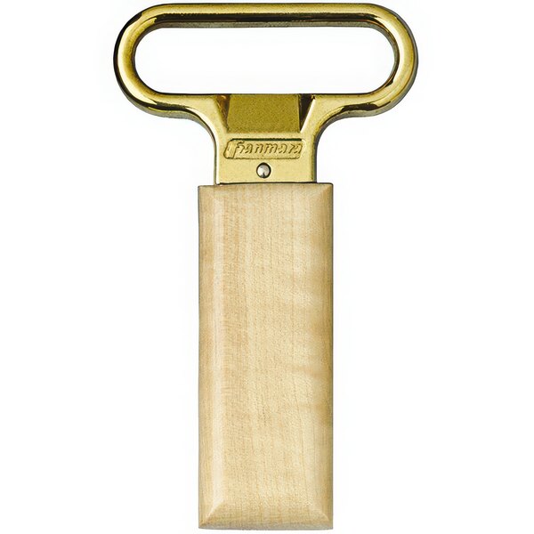 A Franmara brass-plated cork extractor with a birch wood handle.