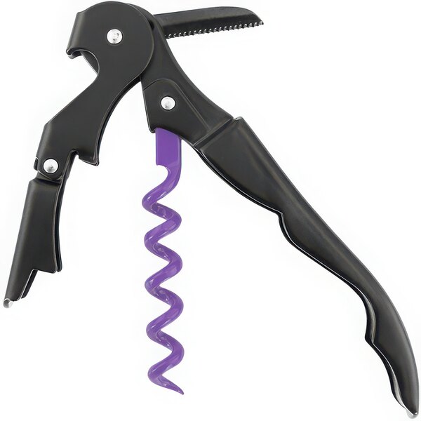 A Franmara Elixir Violet Spiral waiter's corkscrew with a black and purple handle.