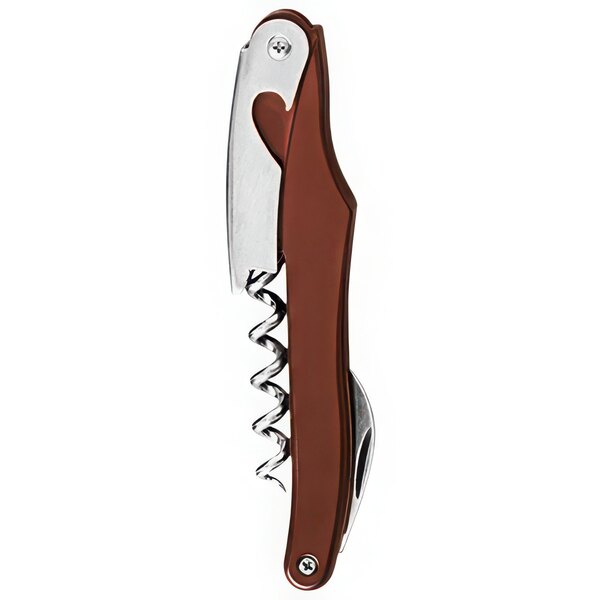 A Franmara Prestigio waiter's corkscrew with a brown and silver aluminum handle.