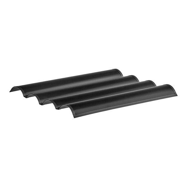 A black metal Gobel long baguette pan with four curved sections.