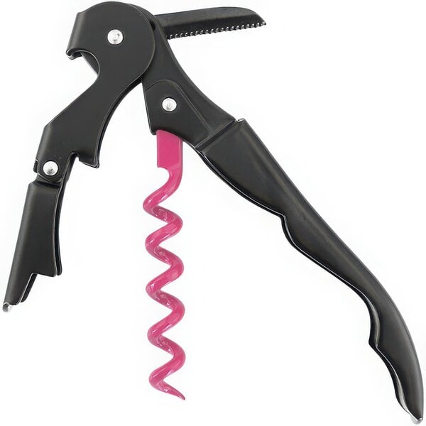 A Franmara Duo-Lever Elixir fuchsia and black waiter's corkscrew with a pink handle.