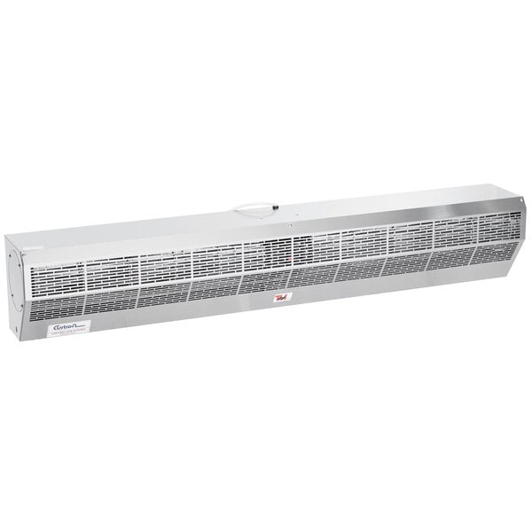 A stainless steel rectangular air curtain with a handle.