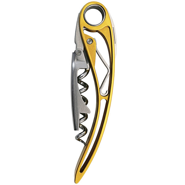A Farfalli gold and yellow aluminum corkscrew with a screw.