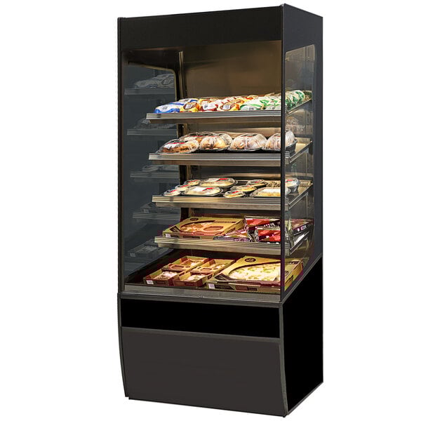 a display case with food on shelves