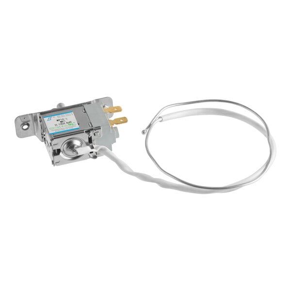 A mechanical thermostat with a metal sensing probe and electrical connectors.