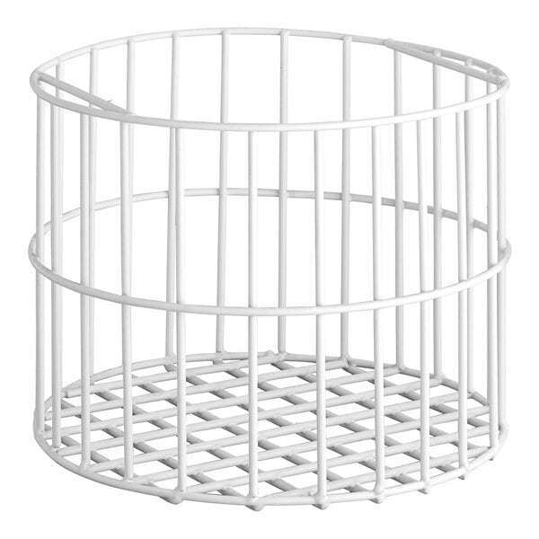 A white wire shelf with a white metal cage and bars.