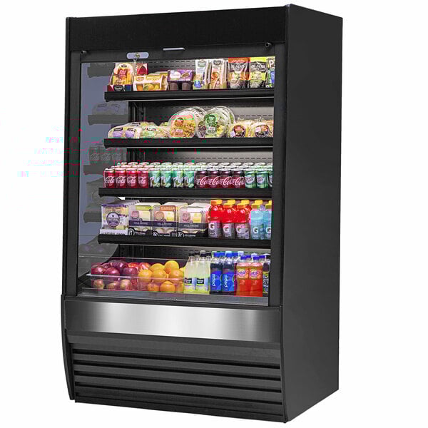 A black Federal Industries Vision Series refrigerated self-serve merchandiser with different types of food on four shelves.
