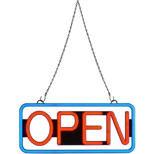 A rectangular blue and red LED neon open sign hanging on a chain.