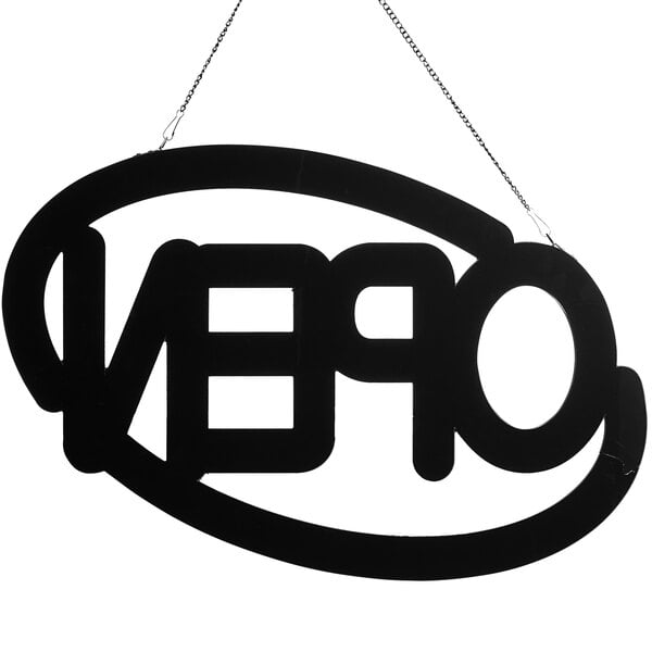 A 24" x 16" oval LED open sign with blue and red neon hanging from a chain.