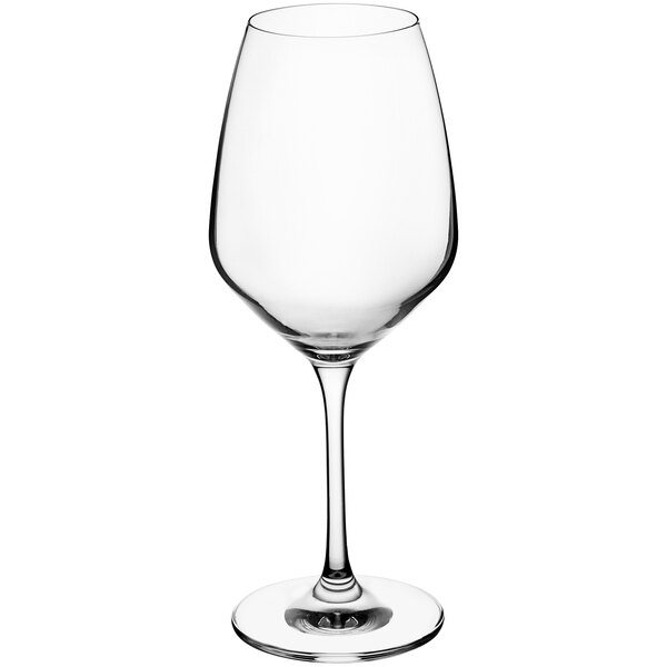 An Acopa Radiance Bordeaux wine glass with a long stem and clear glass.