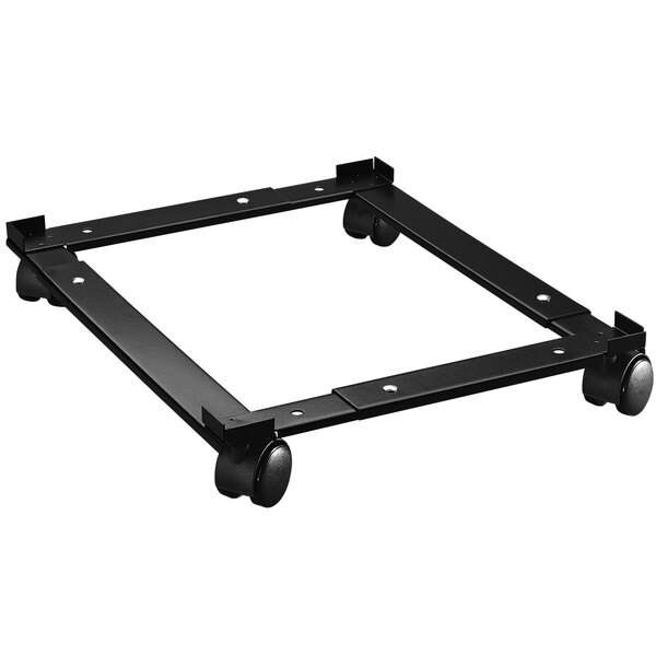 A black metal frame with wheels.