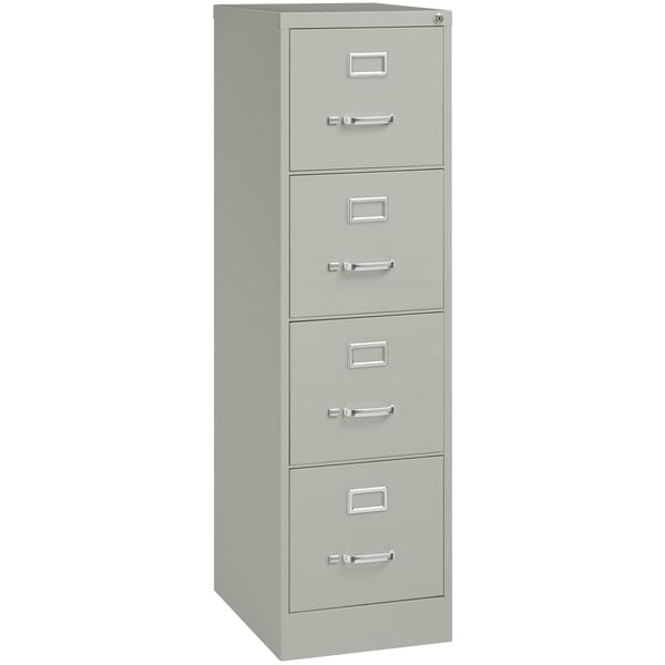 A light gray Hirsh Industries four-drawer vertical file cabinet.