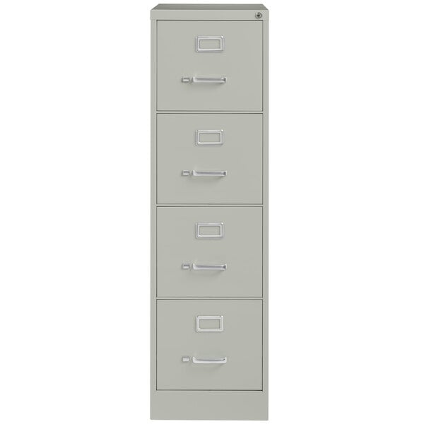A light gray Hirsh Industries filing cabinet with four drawers.