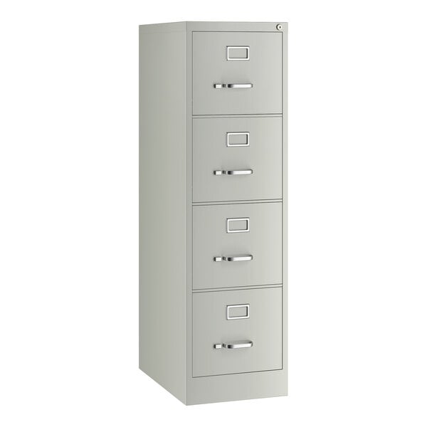 A light gray four-drawer vertical letter file cabinet.