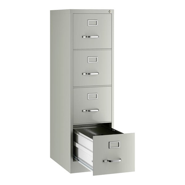A light gray four-drawer vertical letter file cabinet with one drawer open.