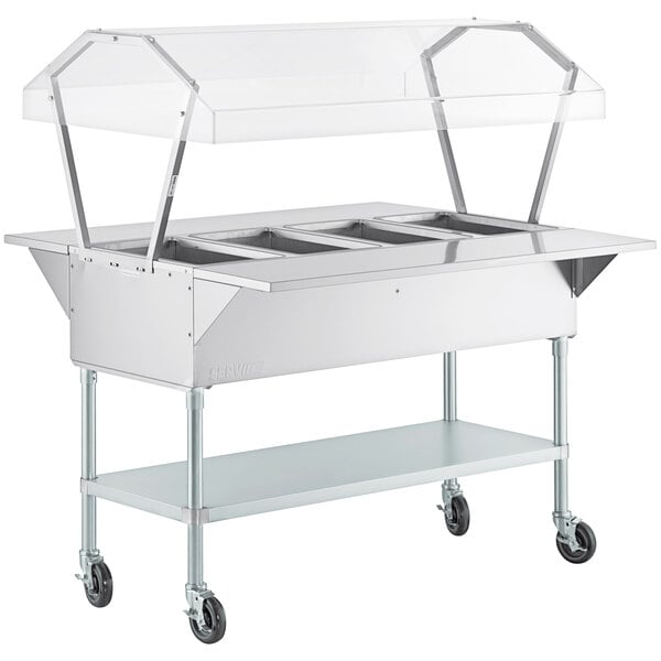 A ServIt stainless steel open well electric steam table with a clear cover.