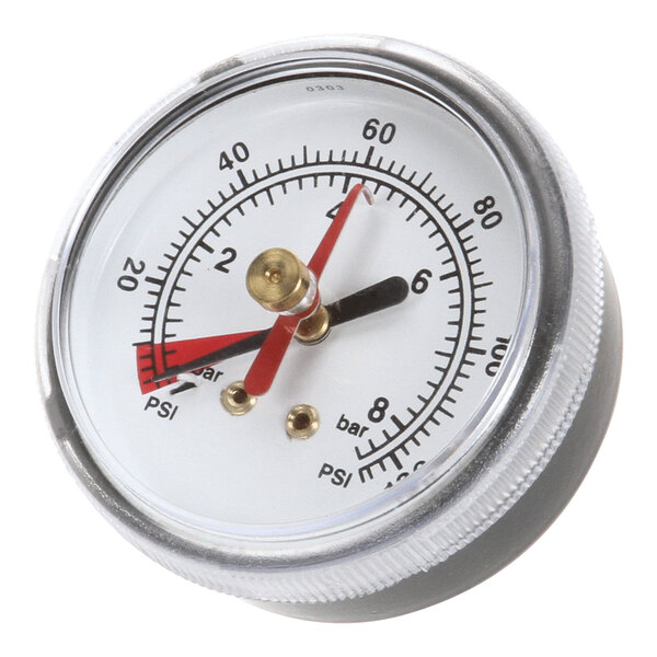 A close-up of an Everpure water pressure gauge with a red and white dial.