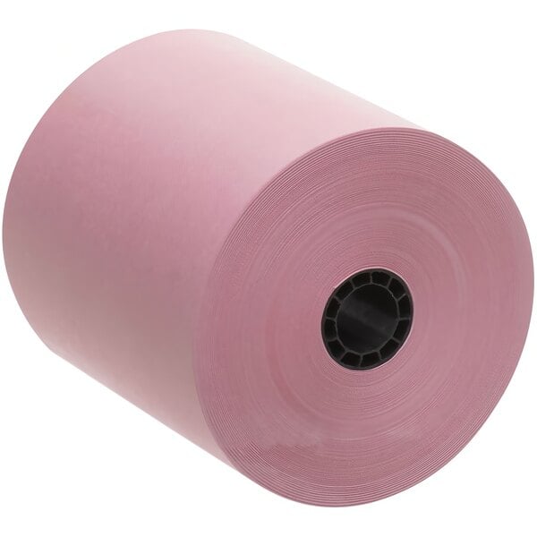 A roll of PointPlus pink cash register paper with a black core.