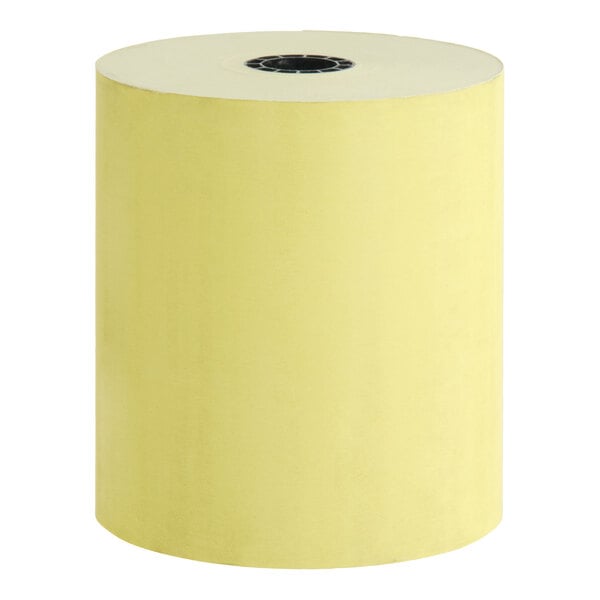 A large canary yellow thermal cash register POS paper roll.