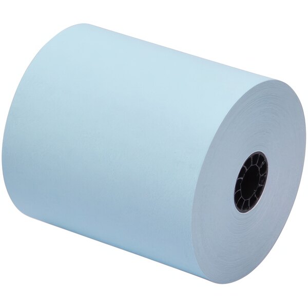 A roll of blue PointPlus thermal paper on a white background.