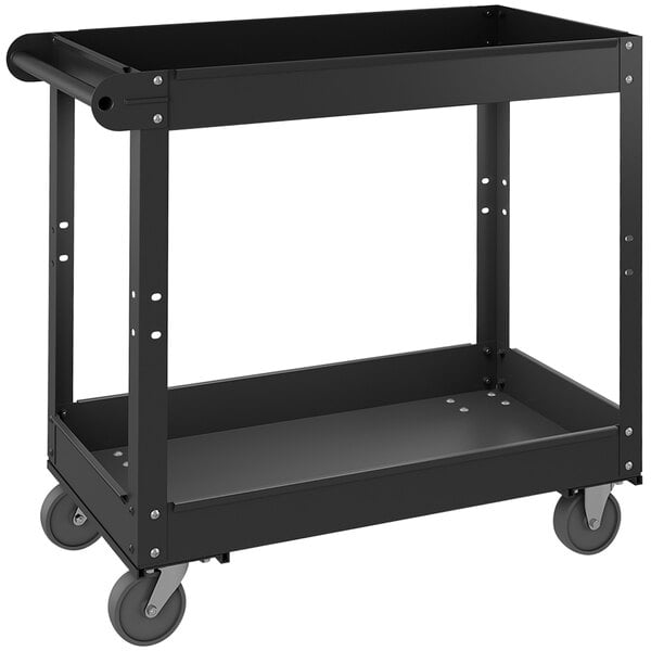 A black Hirsh Industries utility cart with wheels.