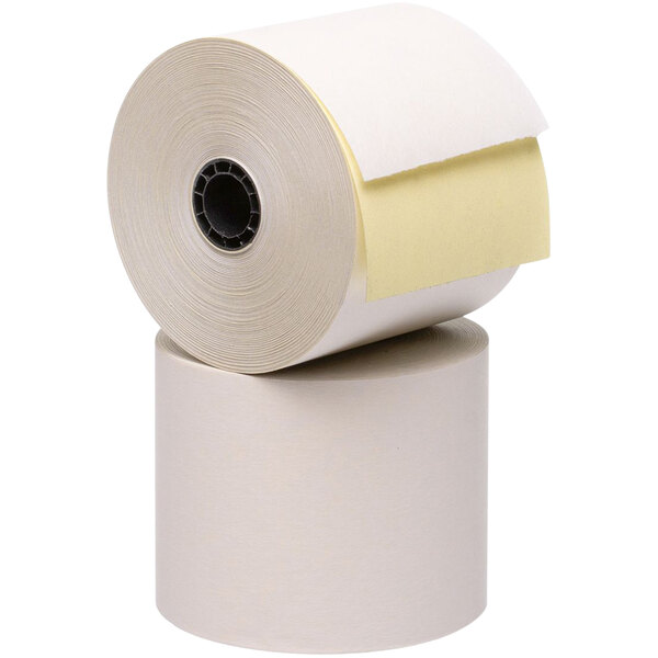 A roll of Point Plus carbonless cash register paper with a yellow strip on it.