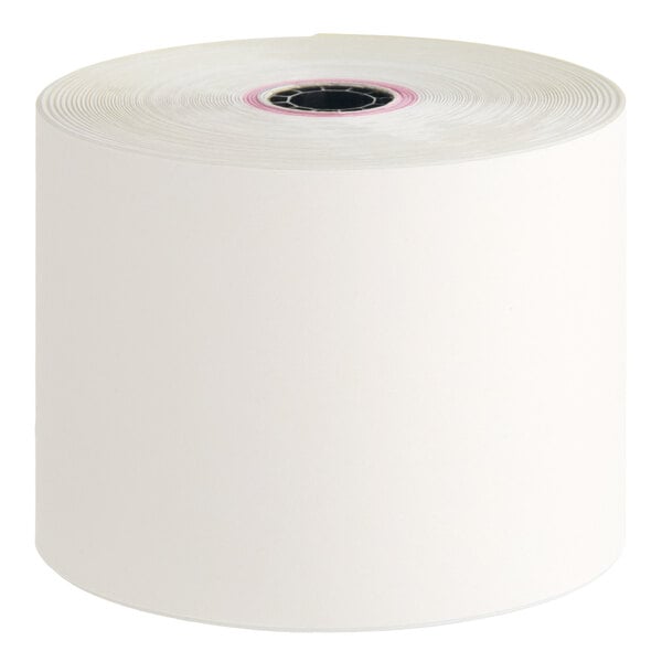A roll of 2 1/4 inch by 90 foot carbonless 2-ply cash register POS paper.