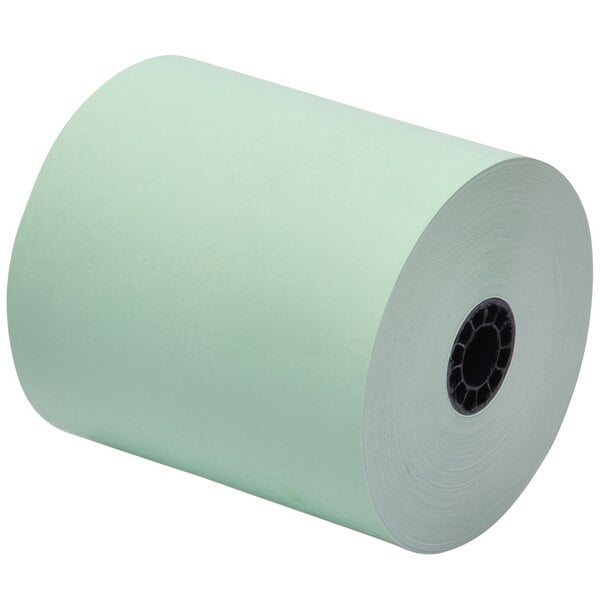 A close-up of a PointPlus green thermal paper roll.