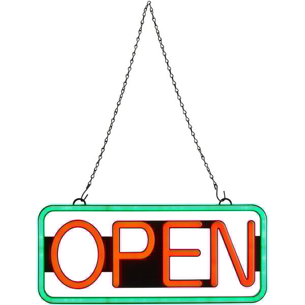 A rectangular neon sign that says "Open" in green and red letters.