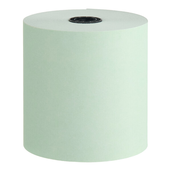 A green 3-inch by 165-foot single-ply bond cash register POS paper roll.