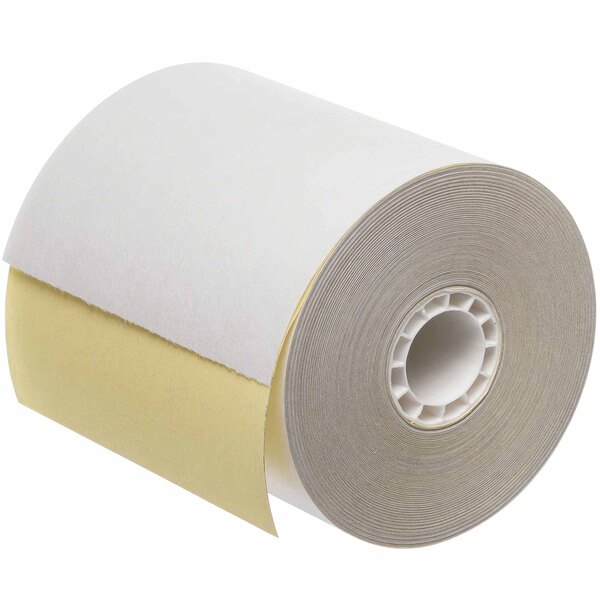 A PointPlus carbonless paper roll with white edges and a yellow strip.