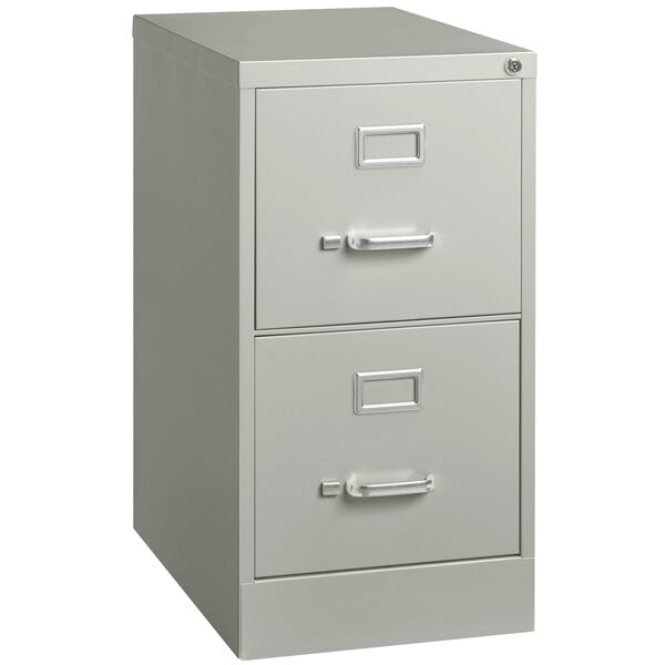 A light gray Hirsh Industries two-drawer file cabinet with silver handles.